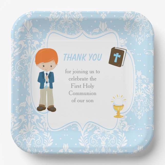 First Communion Red Hair Boy Thank You Paper Plate (Front)