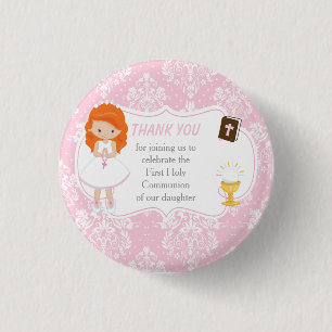 First Communion Red Hair Girl Thank You 3 Cm Round Badge
