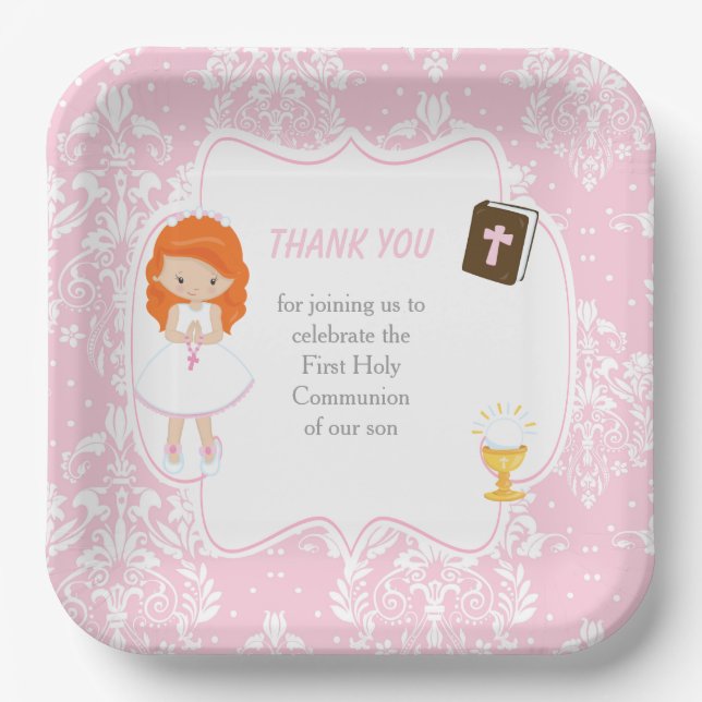 First Communion Red Hair Girl Thank You Paper Plate (Front)