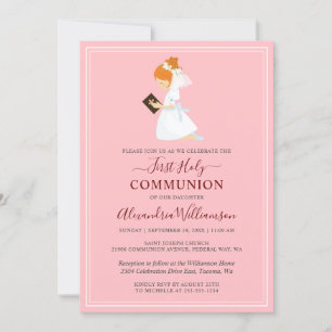 First Communion Red Haired Girl Pink Invitation
