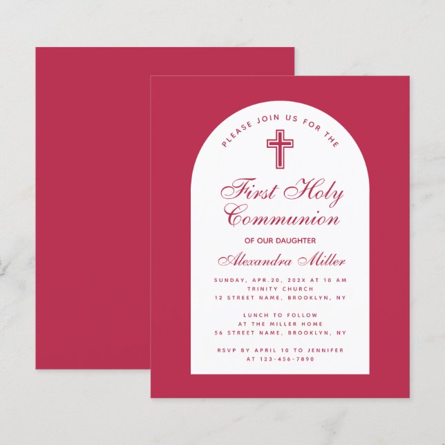 First Communion Red Magenta Budget Girl Invitation (Front/Back)