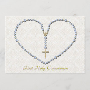 First Communion Rosary Heart Blue Invitation