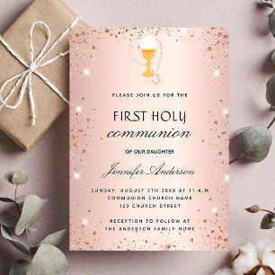 First communion rose gold chalice host invitation