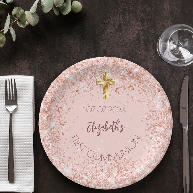 First Communion rose gold confetti girl name Paper Plate (Creator Uploaded)