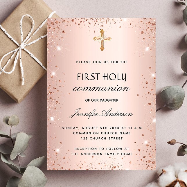 First communion rose gold cross elegant invitation (Creator Uploaded)
