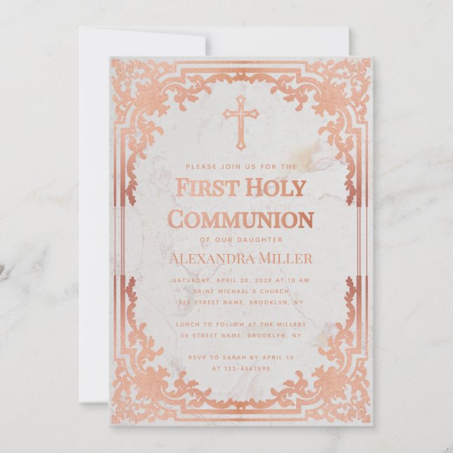 First Communion Rose Gold Elegant Vintage Marble Invitation (Front)