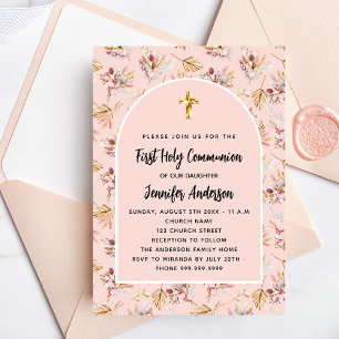First Communion rose gold flowers pampas luxury Invitation