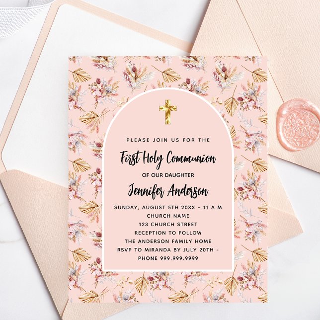 First Communion rose gold pampas budget invitation Flyer (Creator Uploaded)