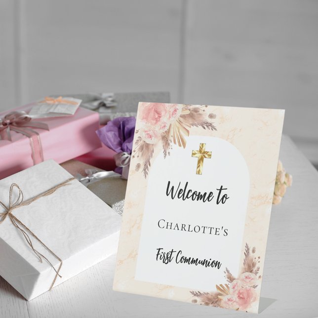 First Communion rose gold peach arch welcome Pedestal Sign (Creator Uploaded)