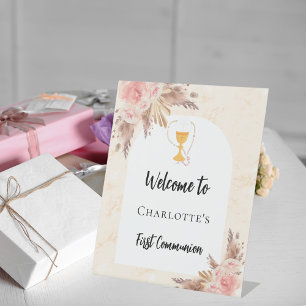First Communion rose gold peach arch welcome Pedestal Sign