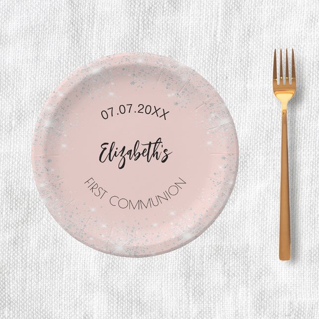 First Communion rose gold silver glitter girl name Paper Plate (Creator Uploaded)