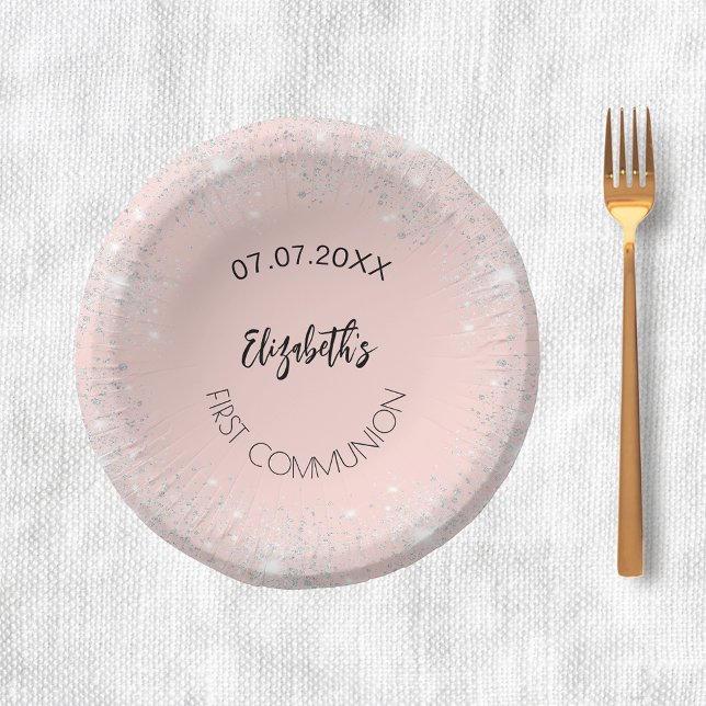 First Communion rose gold silver glitter girl name Paper Plate (Creator Uploaded)