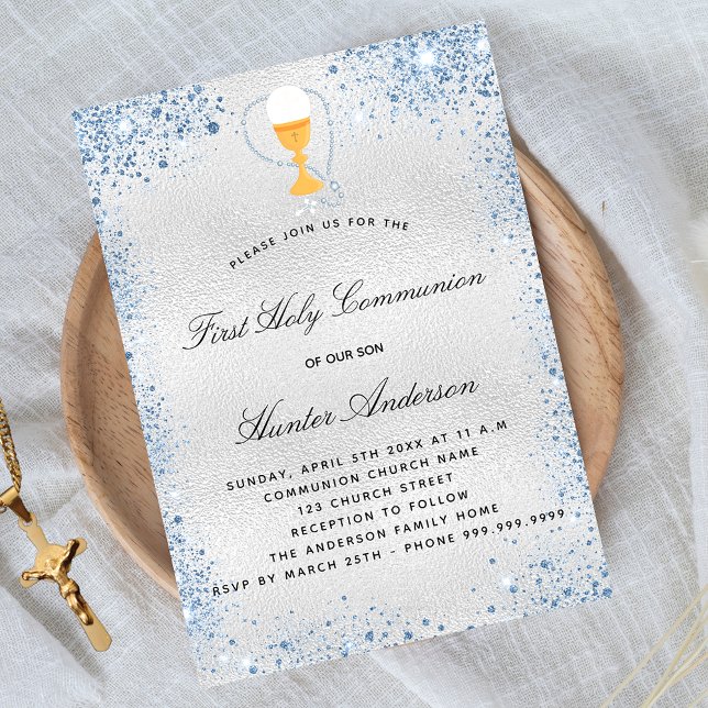 First communion silver blue boy luxury invitation (Creator Uploaded)