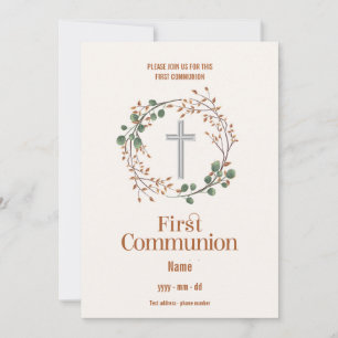 First Communion Silver Cross Botanical Wreath Invitation