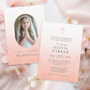 First Communion Simple Watercolor Photo Girl Invitation