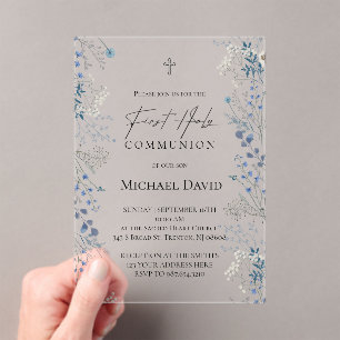 First Communion small blue watercolor flowers Acrylic Invitations