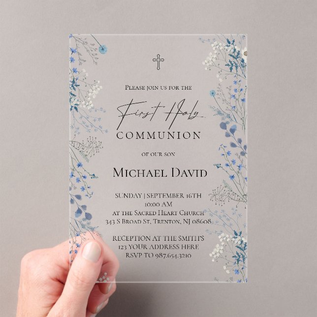 First Communion small blue watercolor flowers Acrylic Invitations (Insitu (Handheld))