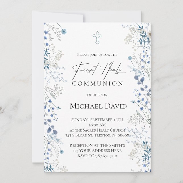 First Communion small blue watercolor flowers Invitation (Front)