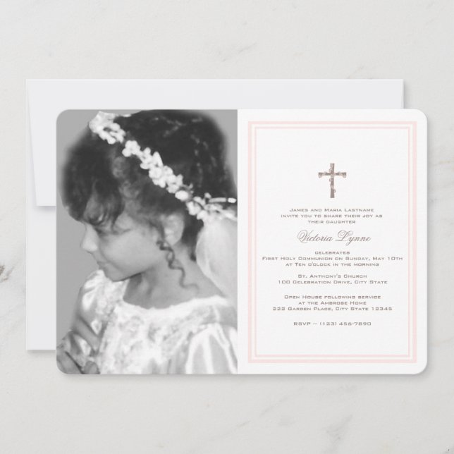 First Communion Soft Pink with Photo Invitation (Front)