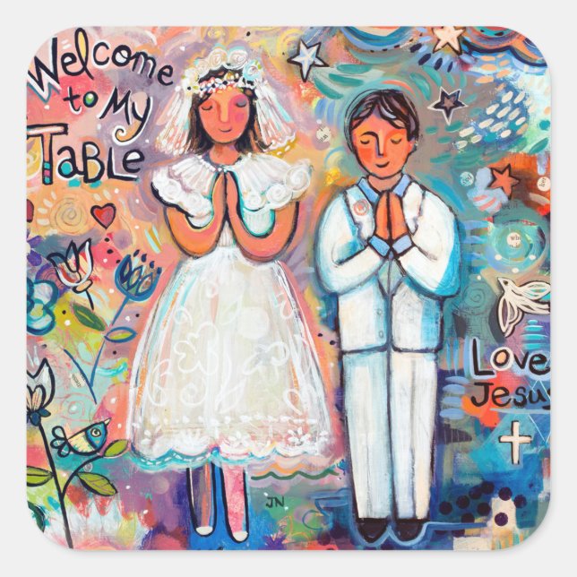 First Communion Stickers, boy and girl Square Sticker (Front)