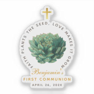 First Communion Succulent Faux Gold Cross Script