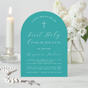 First Communion Teal Arch Modern Script Cross Boy Invitation