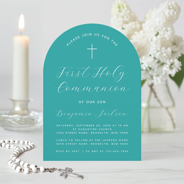 First Communion Teal Arch Modern Script Cross Boy Invitation (Creator Uploaded)
