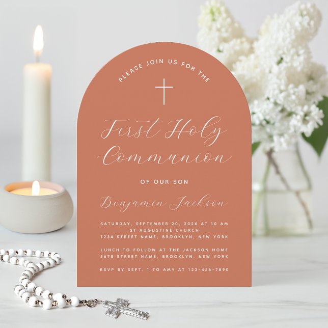 First Communion Terracotta Arch Modern Handwriting Invitation (Creator Uploaded)