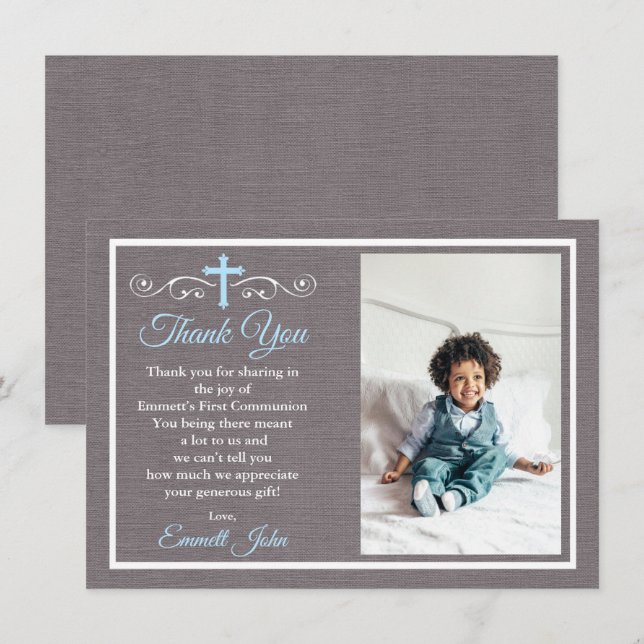 First Communion Thank You Card Boy Blue Grey (Front/Back)
