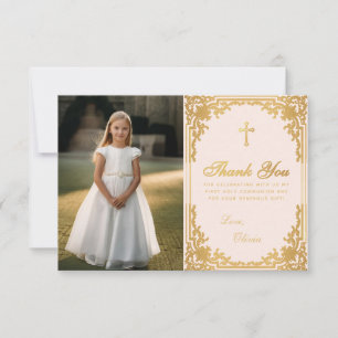First Communion Vintage Girl Photo Pink Gold Thank You Card