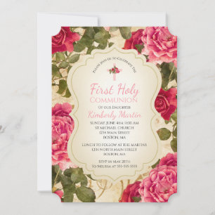 First Communion Vintage Pink Roses Floral Invitation
