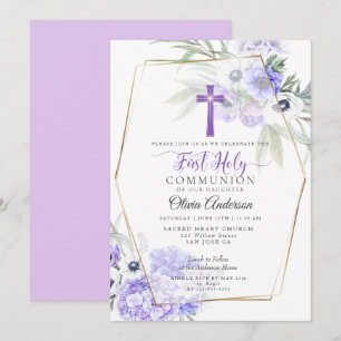 FIRST COMMUNION   Violet Anemone Floral Cross Invitation