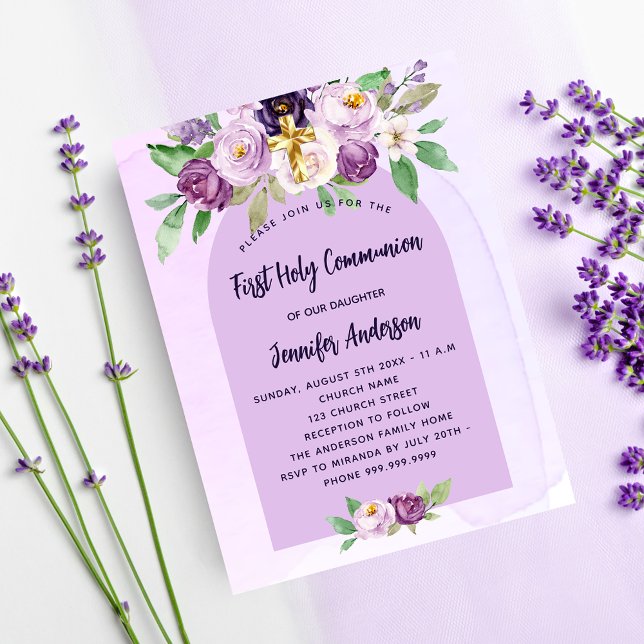 First Communion violet flowers budget invitation (Creator Uploaded)