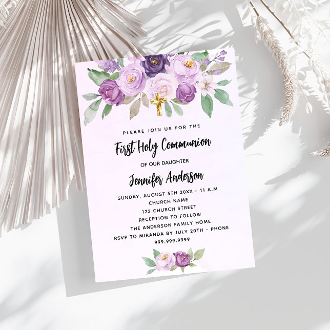 First Communion violet flowers greenery cross Invitation Postcard (Creator Uploaded)