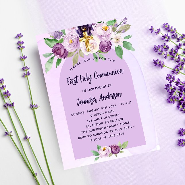 First Communion violet purple flowers cross girl Invitation Postcard (Creator Uploaded)