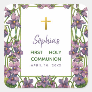 First Communion Violets Cross Purple Green Floral Square Sticker