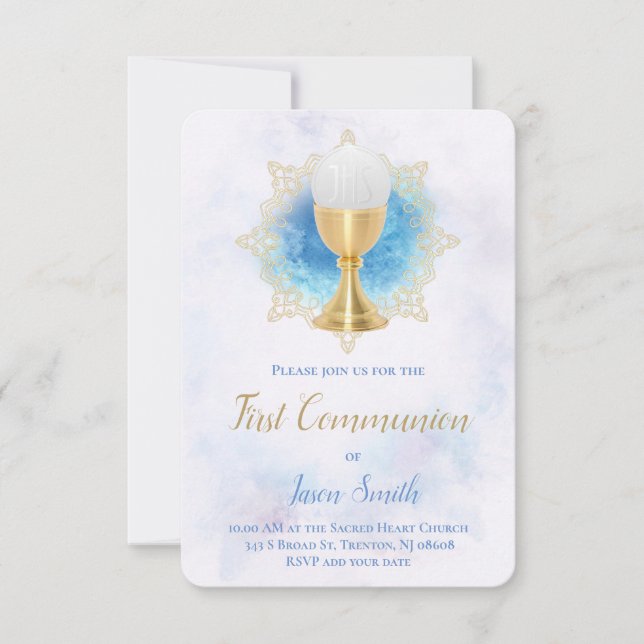 first communion watercolor blue invitation (Front)
