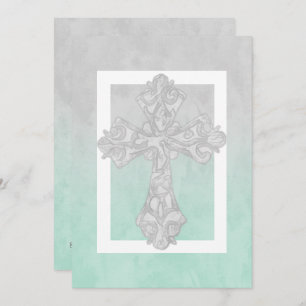 First Communion Watercolor Cross Grey and Mint Invitation