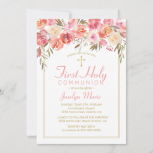 First Communion Watercolor Floral Blush Pink Rose Invitation