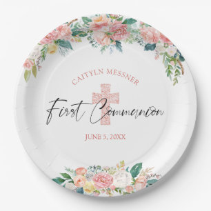 First Communion Watercolor Floral Rose Pink Cross Paper Plate