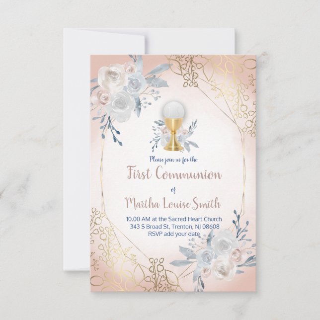 first communion watercolor pale flowers invitation (Front)