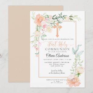 First Communion  Watercolor Pastel Spring Flower 2 Invitation