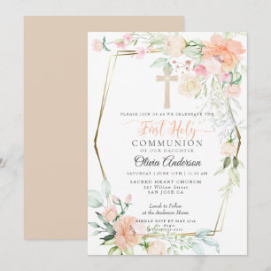 First Communion   Watercolor Pastel Spring Flowers Invitation