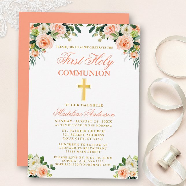 First Communion Watercolor Peach White Floral Gold Invitation (Customize to change text color, style, add text & photos to back or change color of back of card.)
