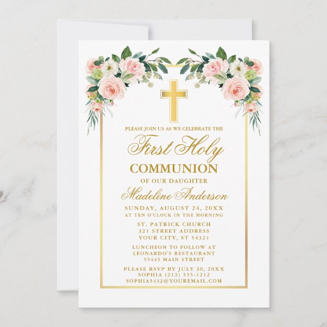 First Communion Watercolor Pink Blush Floral Gold Invitation (Front)