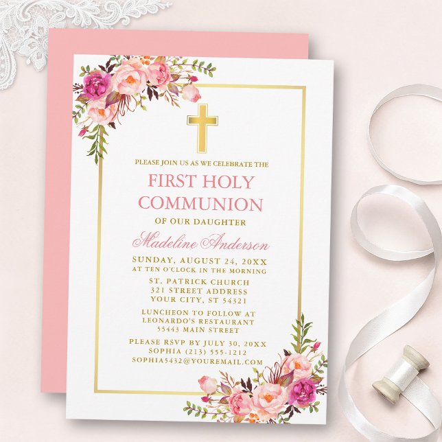 First Communion Watercolor Pink Blush Floral Gold Invitation (Customize to change text color, size, style or to change color of back of card.)