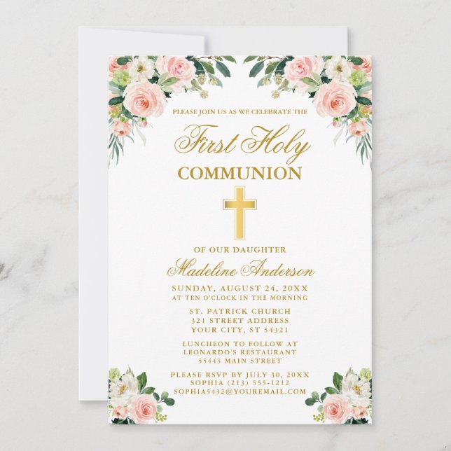 First Communion Watercolor Pink White Floral Gold Invitation (Front)