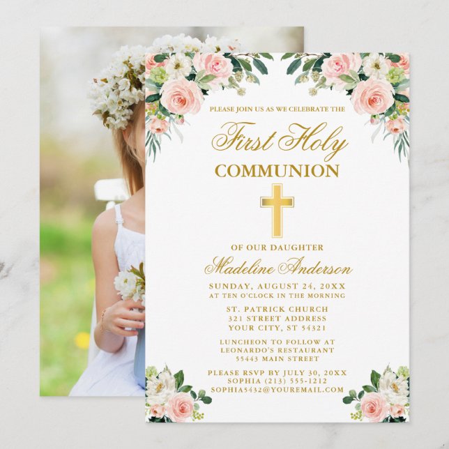 First Communion Watercolor Pink White Floral Photo Invitation (Front/Back)