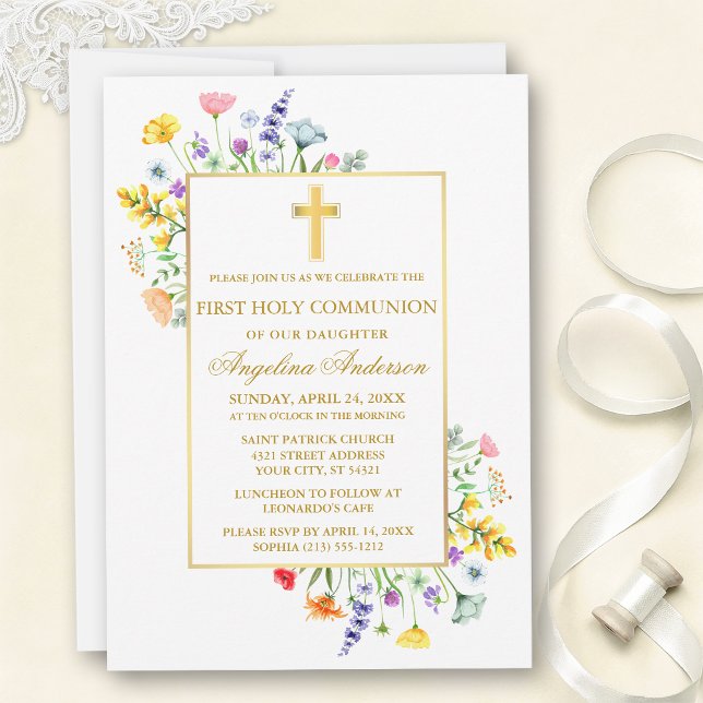 First Communion Watercolor Wildflowers Gold  Invitation (Customize to change text size, text style or color.)