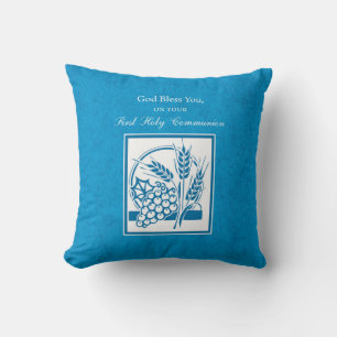 First Communion, Wheat, Grapes Blue Cushion